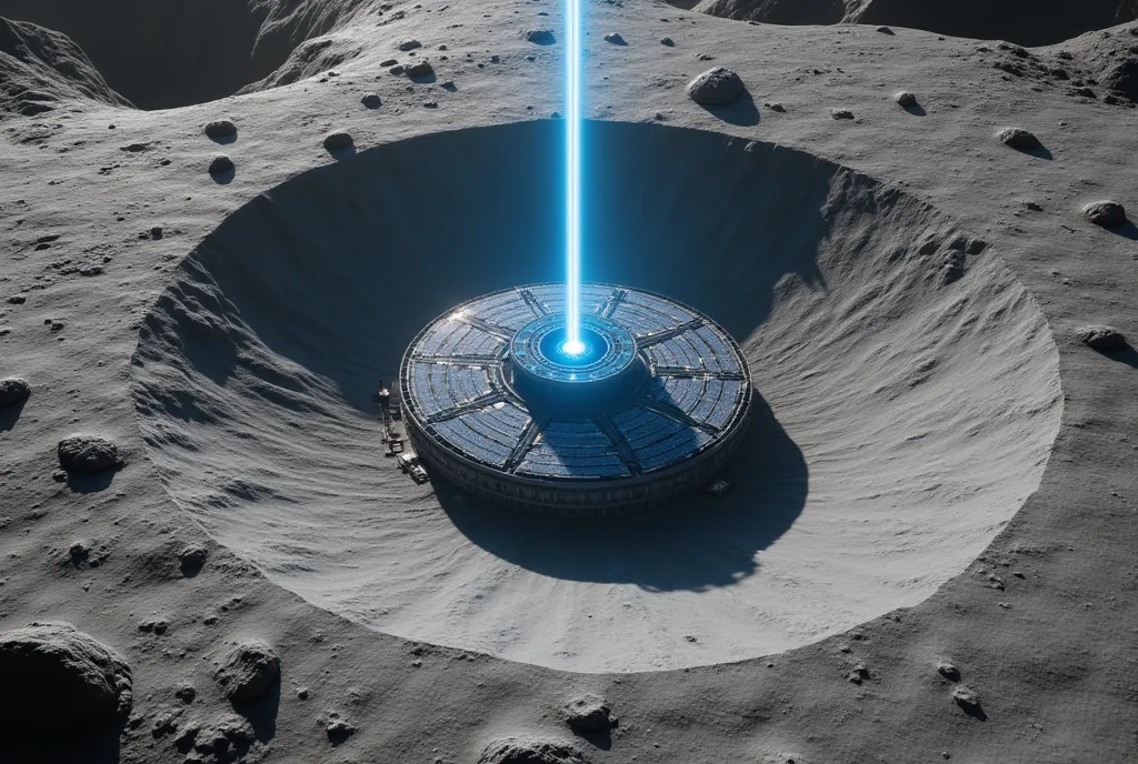 ((masterpiece, highest quality, Highest image quality, High resolution, photorealistic, Raw photo, Extremely detailed CG unified 8k wallpaper)), Solar power facility on the moon seen from above, one laser blue light extending upward, high contrast, black and white world, realistic power plant in a crater, detailed lunar landscape, bird's eye view,