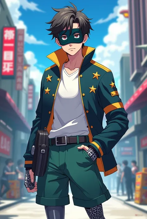 A male teenager he is wearing a digital mask to completely hide his face a white shirt and a coat with star designs he wears short green pants his right leg is a prosthetic leg he is very handsome but it is not possible to see his face the image has to be ...