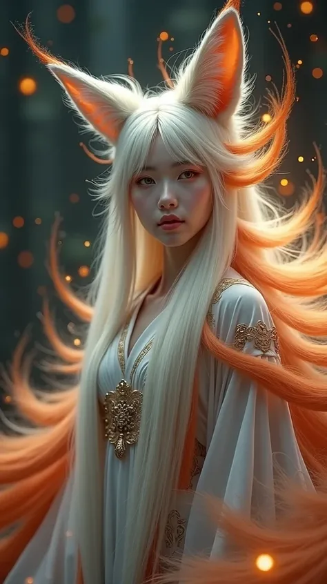 A mystical korean woman nine-tailed fox with a graceful and elegant posture, blending human and fox-like features seamlessly. Its silky fur covers parts of its body, either pure white or fiery orange-red, and nine long, fluffy tails fan out behind it, exud...