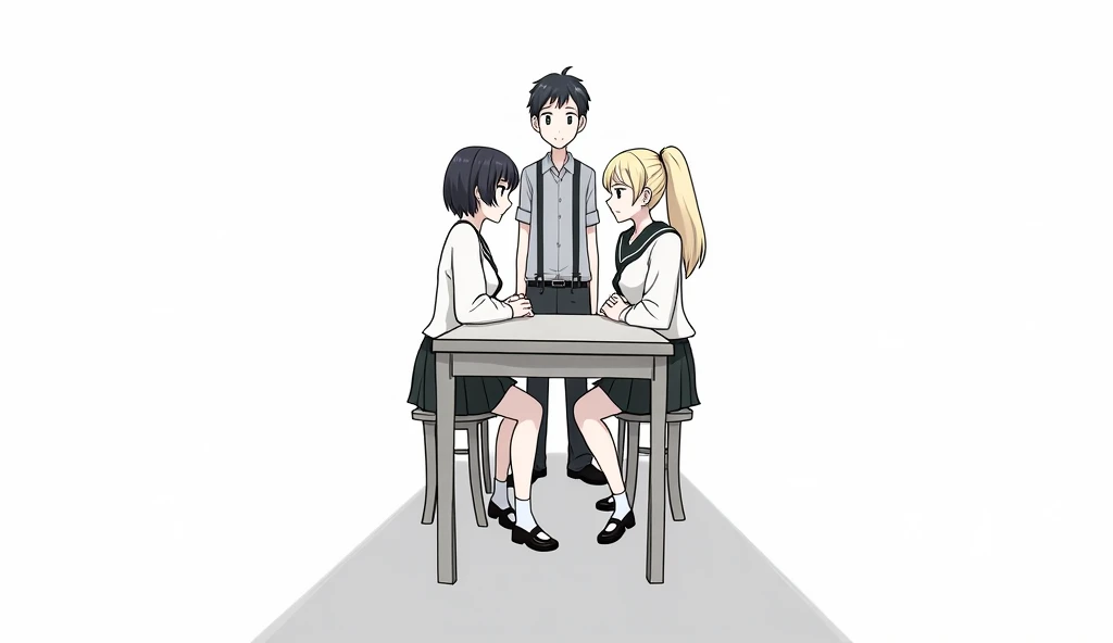 This is a Japanese-style 2D illustration. .  Three students dressed at the same school who appear to be high school students are sitting at a table.  The middle student is a male student, a tall young boy, and his gaze is looking ahead .  the remaining stu...