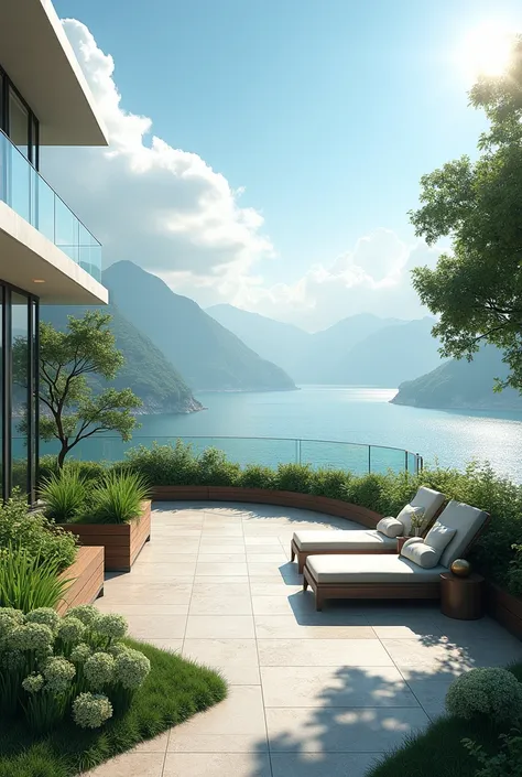 Make a design with a terrace rooftop with a lake view 