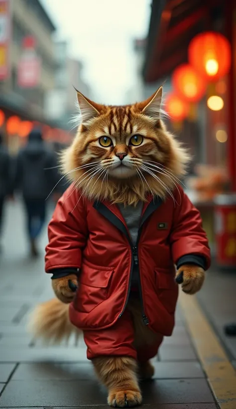  Furry Brown Cat 、 Very Detailed Cat and Fur、  Wearing Sexless Fashion  、  Strolling Chinese Food Stall 、 Highly Detailed Image 、 Kodak 400 ,  Atmospheric Light  , 50mm Lens , (  Cat Eye and Characteristic Details  ) Real Cat ,【8k