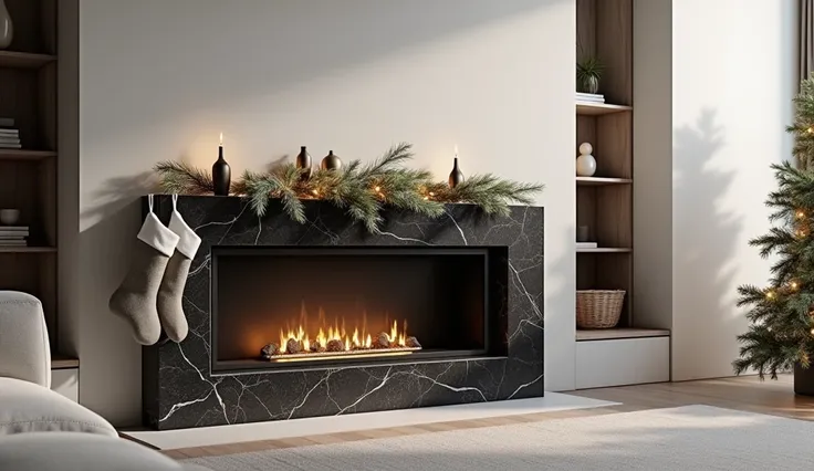  An elegant and minimalist Christmas fireplace in a modern living room .  The fireplace is of linear design with finishes in black and white marble ,  framed by walls of neutral tones and discreet decoration . on,  a small Christmas arrangement composed of...