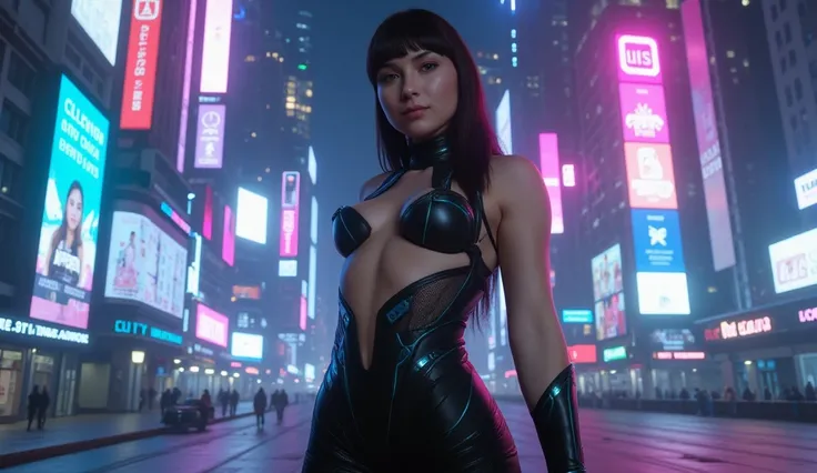 beautiful girl on a empty cyberpunk world at night, wearing sexy futuristic clothing, full body shot