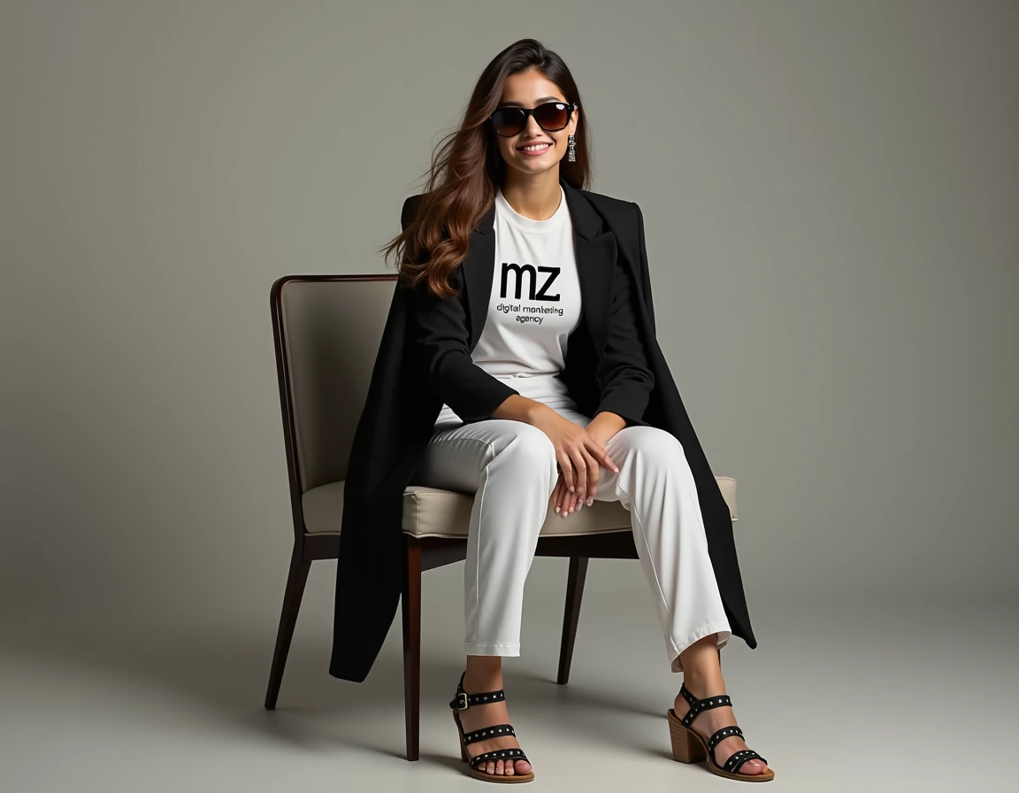 Pakistani realistic beautiful cute 18 years old fair skin looking down model fashionable stylish attitude Sitting stylishly in a agg chair big smile long brown hair sunglasses long sandals beautiful makeup Advertising the brand full body cover white t-shir...