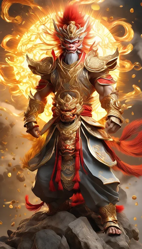 masterpiece, legend about incomparable wealth bestowed by a giant (sun wukong) has cool body posture, smoke, pebbles, random light and shadow, shining light special effects (full body portrait 1.4) perfect fantasy style about wealth , high resolution, best...