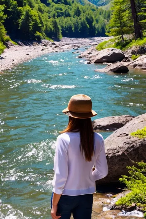  landscape mountain river background realistic photo woman in the foreground camera shot,  sunny day,  In expensive clothes  , face looks great , stands right in front of the camera