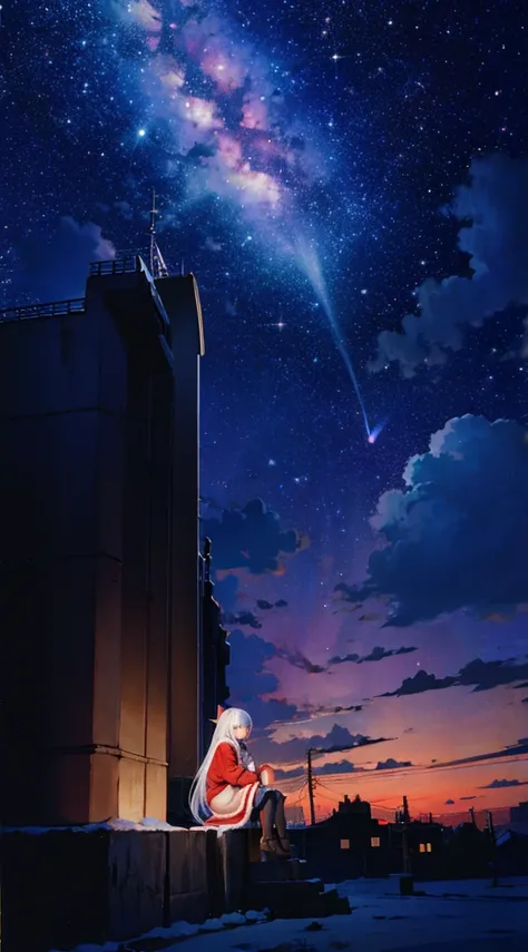 octans, null, star (null), scenery, starry null,   knight ,  1 girl,   knight  null, Alone, Outdoor,  Building, cloud, milky way,  is sitting, tree, Long Hair, city,  silhouette, cityscape，Santa costume，