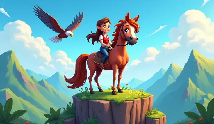 A vibrant, cartoon-style horse standing majestically on a tall mountain peak. The horse has a shiny, well-groomed coat and expressive eyes partially covered by a flowing mane. A cheerful  sits confidently on the horses back, holding the reins tightly. The ...