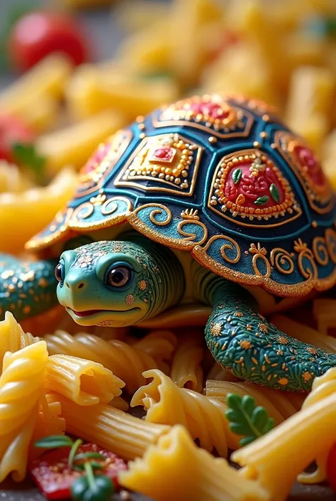 A showy turtle with pasta 