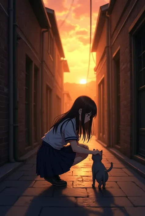  A girl in school uniform picking up a gray cat from the floor., Alley, sunset rear view 