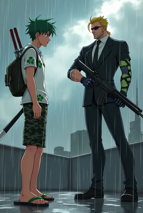 Male , Missy short hair green color ,white polo with green flowers ,have red eyes, gray small beard ,wearing flipflop, black short gray camo,eye glasses,dual katana on his back. Male in black suit with facial hair,blonde mullet ,evil boss villain,green eye...