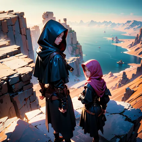 a crowd of assassins in black hood, all of them are hijabi girls with corset and leather attire,standing on a cliff and watching...