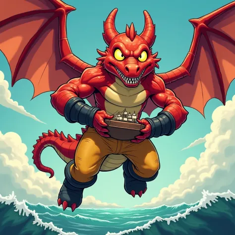  A huge red muscular winged crocodile furry jock with yellow glowing eyes without pupils in black metal bracelets, wearing black boots , wearing yellow jeans, he holds a ship in his hands above his head while flying in the sky over the sea in cartoon style...