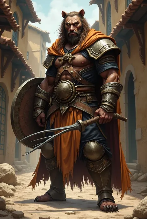 Full body character art portrait, D&D 5e, dark high fantasy, Boris Vallejo. A tall and strong male Shifter Paladin. Latino-looking, with long light brown hair & short bushy beard. With a little bit of small bear-like animalistic features, long pointy ears,...