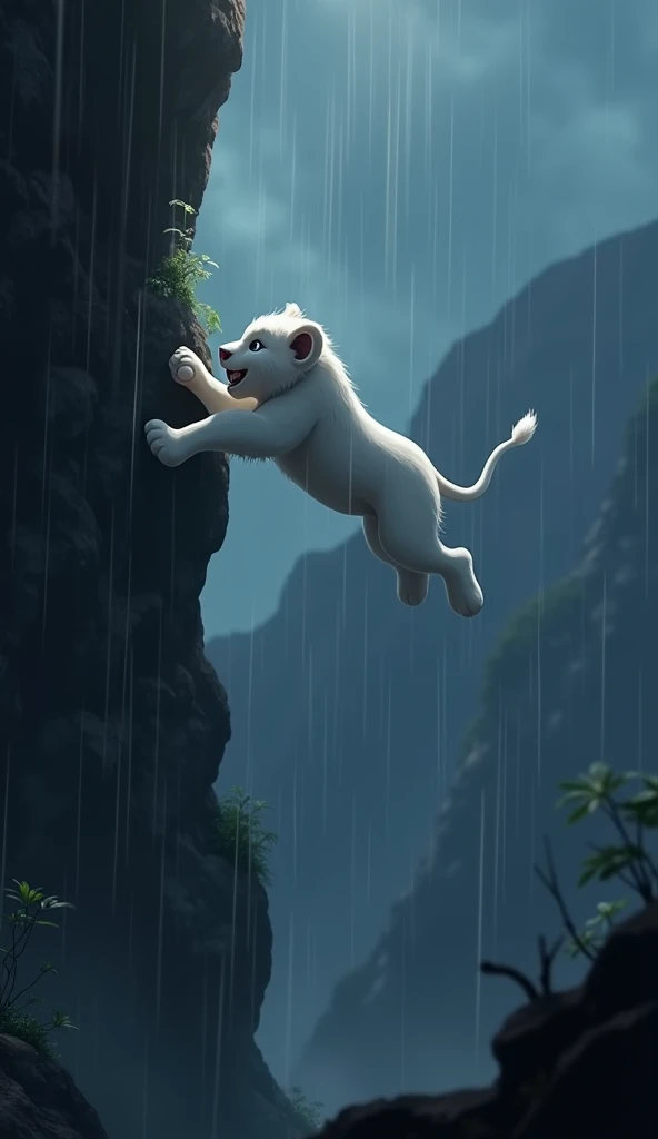 Prompt for the lion cub about to fall:

Create a Disney Pixar style wide shot of the white lion cub losing its balance and falling off the mountain. The subject is placed off-center, with its body twisting mid-air. The point of view is from above, showing ...