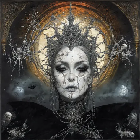 James Gurney, Surrealist art , dream-like, Mysterious, Provocative, symbolic, Complex, detailed,, (Gothic but very beautiful:1.4), (masterpiece, highest quality:1.4) , Nicola Samori Style, Decadence full trance simbologia y geroglificos hans rudolf giger