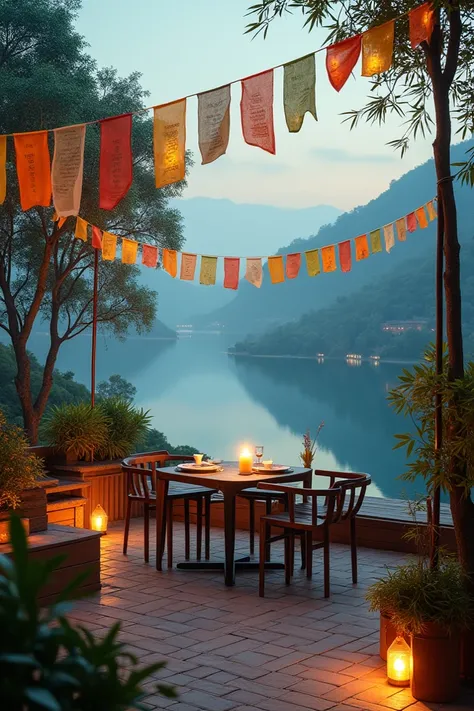 Make a simple design with a terrace rooftop with a lake view and with a bunch of prayer flag and a yellow deem light for a restaurant menu and it should be in a really deem light color 