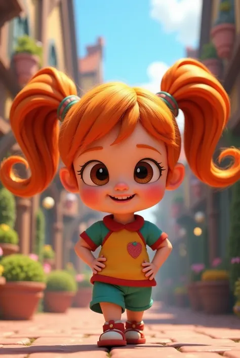 Disneylike 3d cartoon ,  orange-haired girl , two tall tails  ,  brown eyes  , colorful clothes 