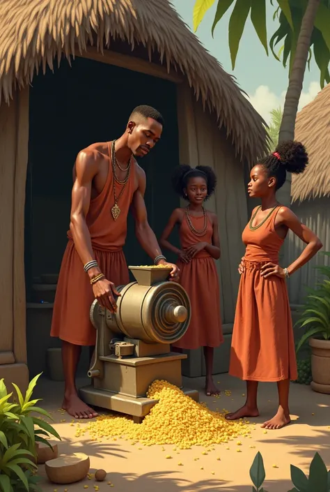 Obinna operating the large milling machine in his family compound. The machine is grinding cassava while Bella and her friends watch. Glory looks slightly nervous, and Loveth has a playful smirk, while Bella looks at Obinna appreciatively.
In Igbo tribe lo...