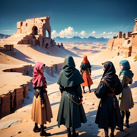 a crowd of assassins in black hood, all of them are hijabi girls with corset and leather attire,standing on a cliff and watching...