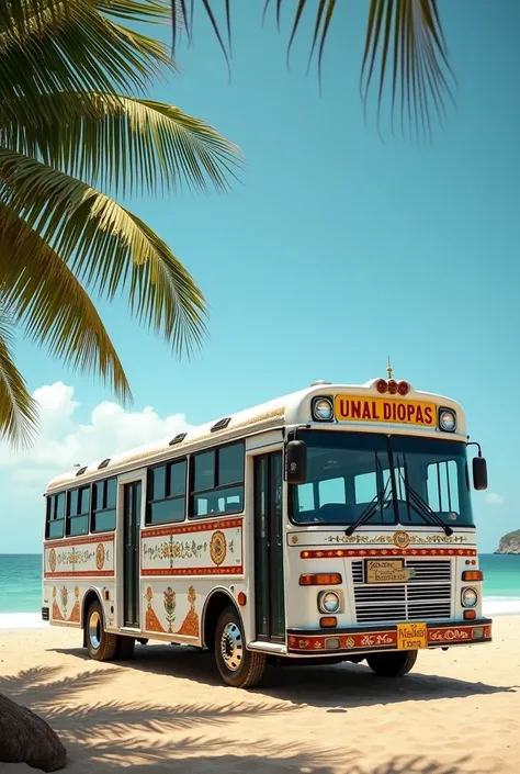 A white indian big bus near a beach POSTER 