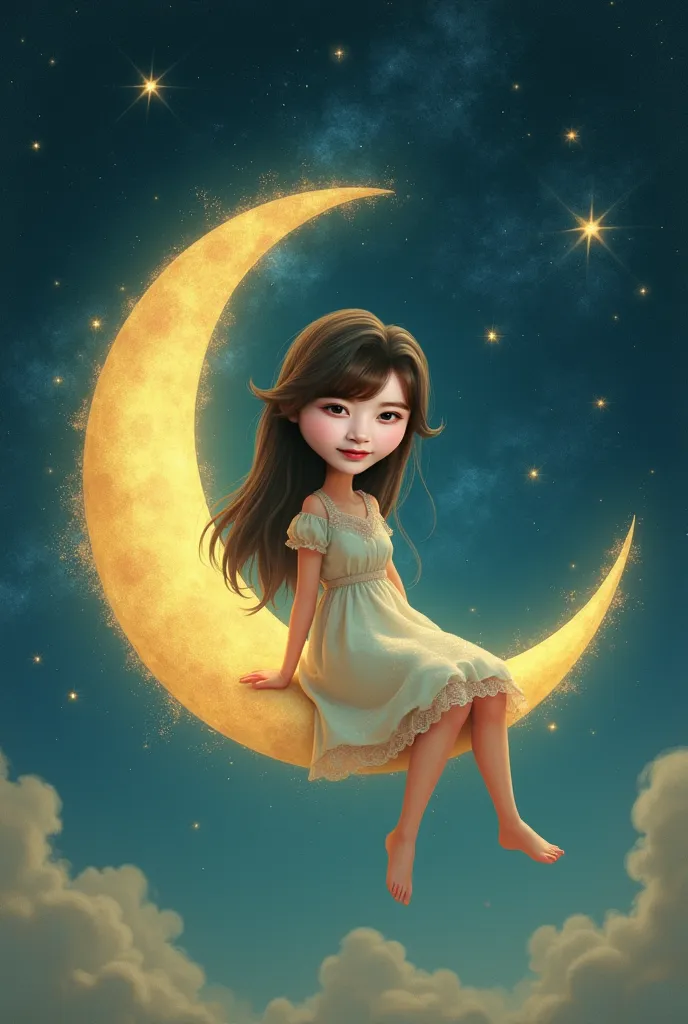 (( best quality)), ((傑 best quality、masterpiece、High sensitivity、 high definition 、 Details、 Delicate Facial Description)), A woman with a toddler figure、Sit on the crescent moon、 in the sky、Fantastical、