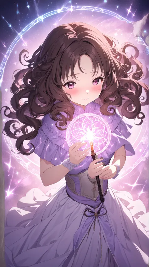 1 girl, ( cute face), Curly Hair, to many hairstyle, (blush:1.3),  medium breasts, ( Sorceresss Robe ), ( Has a Magic Wand ),  Pottery skin , ( Fluffy Skirt ),  Cowboy Shot , break, Silent Forest, ( soft light :1.2),  Romance Vibe ,  Love Doki Doki , break...