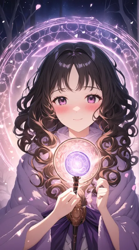 1 girl, ( cute face), Curly Hair, to many hairstyle, (blush:1.3),  medium breasts, ( Sorceresss Robe ), ( Has a Magic Wand ),  Pottery skin , ( Fluffy Skirt ),  Cowboy Shot , break, Silent Forest, ( soft light :1.2),  Romance Vibe ,  Love Doki Doki , break...