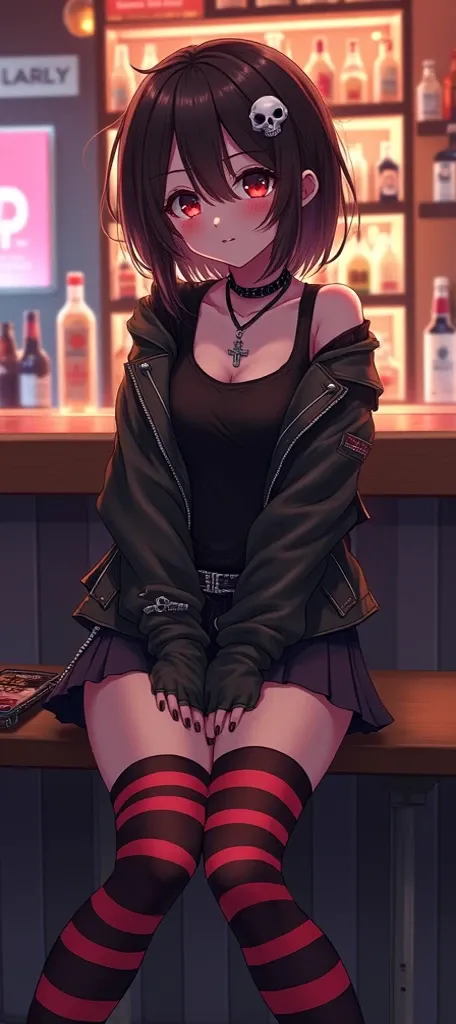  highest quality ,  very detailed , masterpiece,  anime style . An 18 year old girl ( dark brown hair ,  red eyes )  wearing a rocker-style outfit with a skirt ,  she has a silver cross string ,  a skull-shaped clip in her hair , striped tights, And a feel...