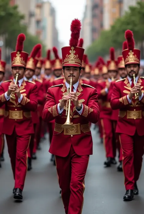  A musical band playing wind and percussion instruments, formed by men and women ,  , with burgundy uniforms and quepe vino . Parade in the city 