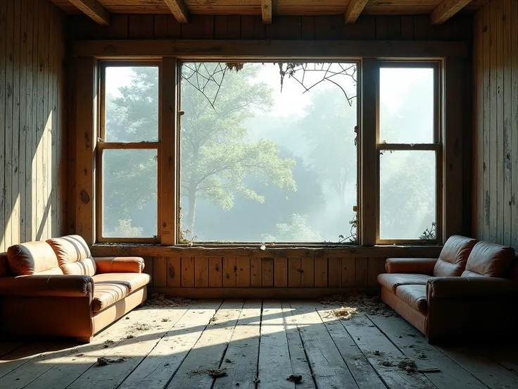 A wooden living room in the foreground that has a large window that covers the entire background and that is broken and that the living room feels old with the measures of 2200x1238