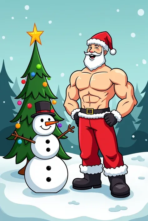  Create a Christmas drawing with a Christmas tree easy to draw ,  an easy-to-draw snowman and a muscular and pumped Santa Claus without his coat,  with just the pants and the hat with the muscles the show and easy to draw  ( cartoon or anime style image an...