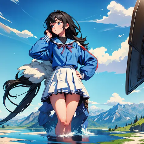 　(( 1 girl))　mountainsに聳え立つ巨大な女の子　mountains　Giantess　giantess female giant　A huge girl is standing 　High school girl　 school uniform　 black hair　lake　forest　Top view　blue sky　Cumulonimbus　sunlight　 Unreal Engine 　masterpiece　4K