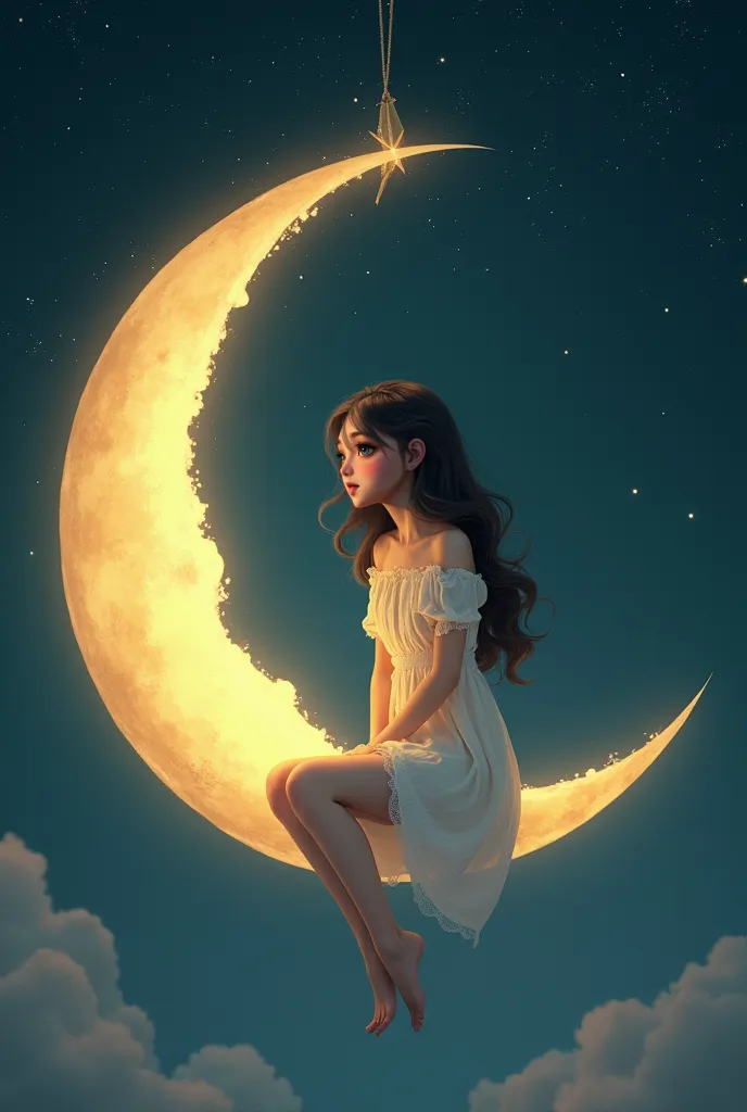 (( best quality)), ((傑 best quality、masterpiece、High sensitivity、 high definition 、 Details、 Delicate Facial Description)), A woman with a toddler figure、Sit on the crescent moon、 in the sky、Fantastical、