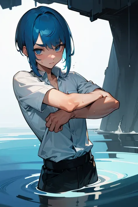  high definition ,  1 boy , handsome, slender, short, blue eyes,  short bob, sideburns are a little long,Diagonal bangs, blue hair, full of bangs,  split bangs that show arms,Slanted Eyes, Slightly thick eyebrows, anatomically correct, white shirt,steaming...