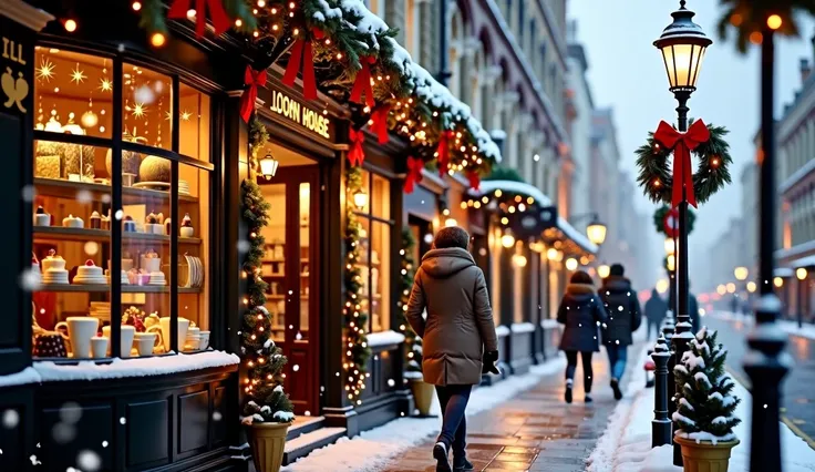  A cozy coffee house in London during the Christmas season ,  seen from the outside .  The façade is adorned with warm lights ,  decorative such as red ribbons and gold . in the window ,  see shelves with cups ,  Christmas cakes and candies ,  ornaments wh...