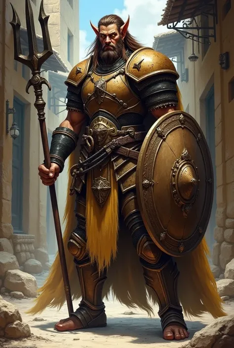 Full body character art portrait, D&D 5e, dark high fantasy, Boris Vallejo. A tall and strong male Shifter Paladin. Latino-looking, with long light brown hair & short bushy beard. With a some bear-like animalistic features, like long pointy ears, yellow ey...