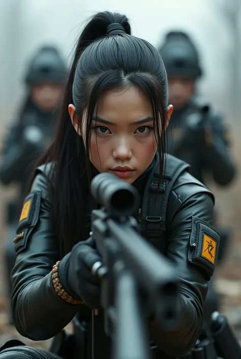 bleak gritty action edgy so much swagger trained marine corp militant asian female solider with her female squads with serious expresion with an attitue vengance she adorn with pony tail hairstyle adorn feme Fatale Ninja assassin hip hop rap style in black...