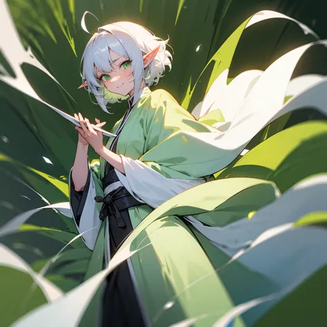 elf, female, silver hair,short hair, medium cut, ahoge, curly hair, green eyes,slender, green cloak, white wizard robe, fair ski...