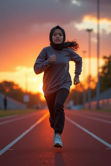 Subject: A determined adult girl wearing hijab running on an empty running track, looking ahead with a fierce expression of ambition.
Expression: A mix of determination and hope, with a slight smile that hints at dreams of the future.
Background: A sunset ...