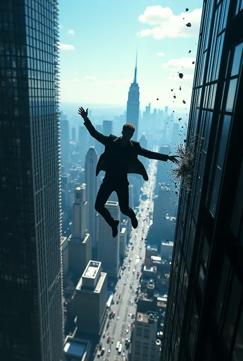 man jumping from a broken window of a tall building in a city with skyscrapers and blue sky