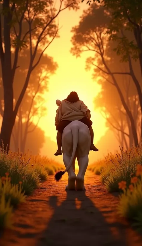 15. Prompt for the lion carrying Jesus home:

Create a Disney Pixar style wide shot of the white lion carrying Jesus on its back through the forest path, the lion walking proudly with Jesus resting calmly. The subject is placed in the center, with both fig...