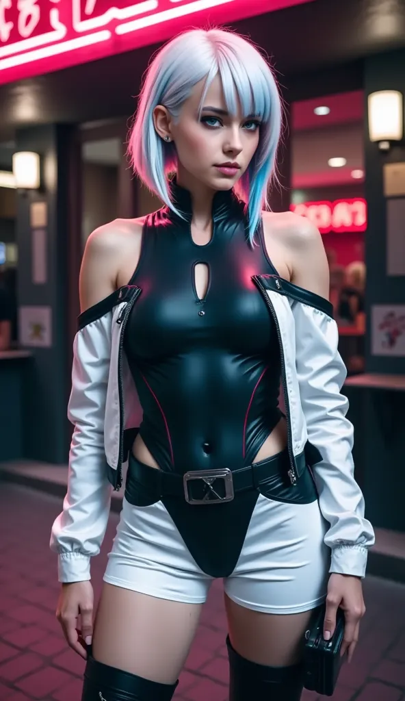 "Ultra high resolution, UHD, Ultra-detailed, hyper-realistic skin texture, high-quality rendering, Photorealistic portrait , lucynova” “choppy bob, asymmetrical pure white hair styled in a layered "Short Pink and blue highlights” **"She is wearing a sleek ...