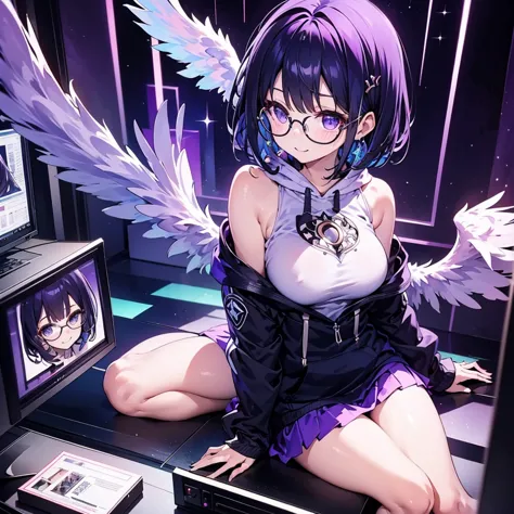 solo1.8、 High Quality、Birds-eye view from above composition 1 .7、Seiko no Hand 1 .5、 black bob cut、 sitting on the purple cube in front of the monitor 、black simple hoodie and purple mini skirt 1.6、 Fleshy Thighs 1 .3、 with a silver light cube floating in ...