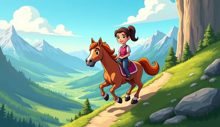 A cartoon-style horse climbing up a mountain trail with the  confidently sitting on its back. The scene shows a scenic view of the valley below with clouds hovering around.
