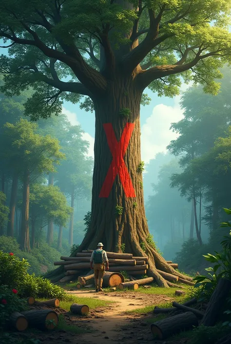 One day, Timber noticed something unusual. The forest was filled with the sound of chainsaws and the smell of freshly cut wood. Illegal loggers had entered the forest, cutting down trees indiscriminately. Timbers tree was marked with a bright red "X," sign...