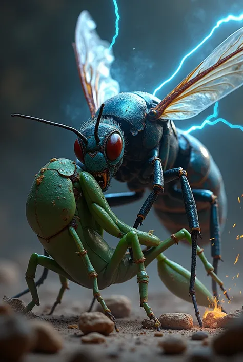 Blue electric hornet killed a green mantis