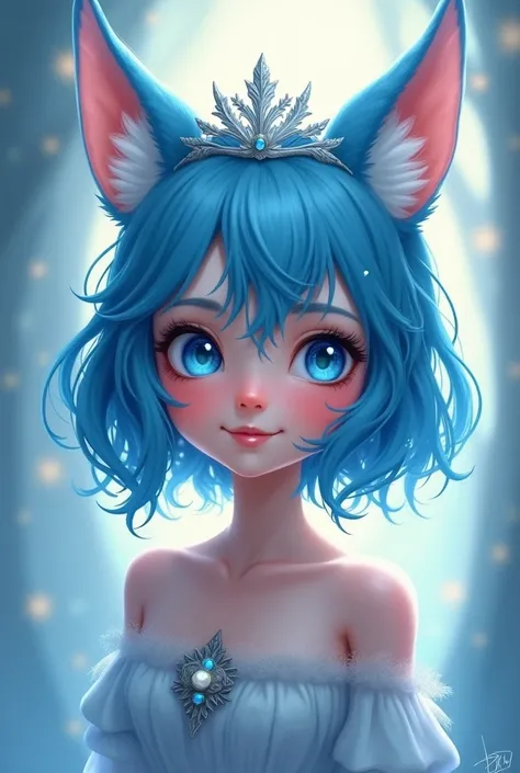  blue eyes , smile,  fox ears,  Blue Hair, crown, 