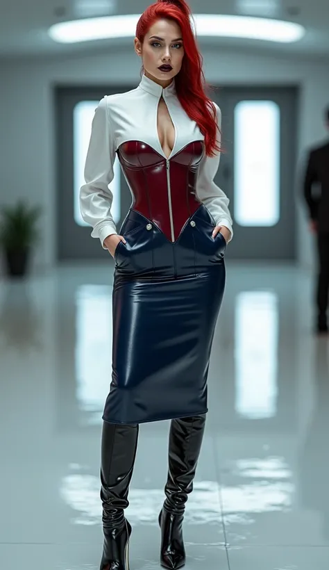 Angelina Jolie vêtue dune tenue professionnelle futuriste en latex avec une jupe crayon en latex bleu marine, corset latex rouge foncé, noir saute, queue de poney cheveux, chemisier en latex blanc, bottes au-dessus du genou talon aiguille. mains dans les p...